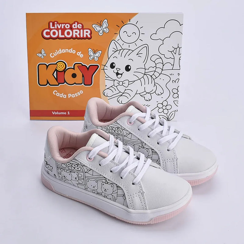 Tênis Astral Kidy Goods Branco Rosa + Livro Colorir Kidy Goods