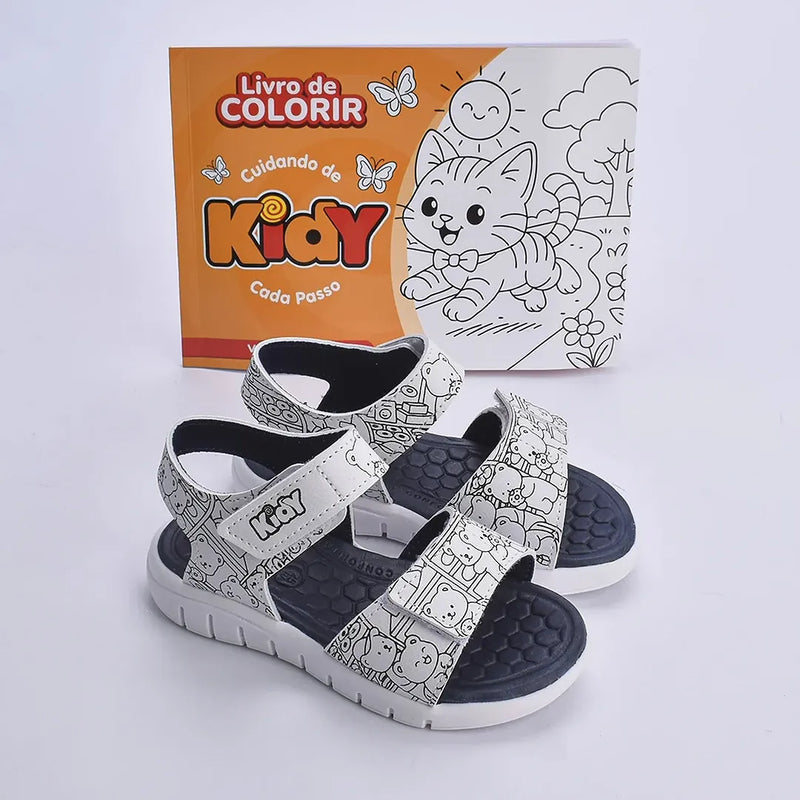 Sandália Kidy Toys Branco e Azul Marinho + Livro de Colorir Kidy Goods