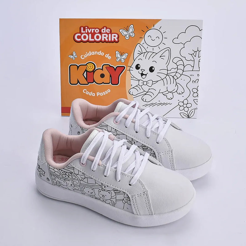 Tenis Hype Kidy Goods Branco Rosa + Livro de Colorir Kidy Goods